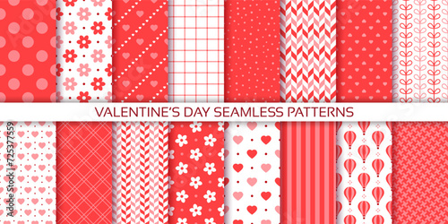 Valentine seamless pattern. Romantic backgrounds. Cute prints with heart, dots, check and stripes. Set holiday red textures. Vintage girly wrapping papers. Scrapbook design. Vector illustration 