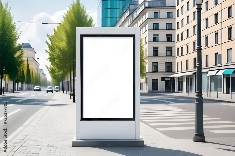 Mockup. Vertical advertising stand in the street. Blank white street billboard poster lightbox stand mock with urban city background Mockup. Vertical advertising stand in the street. Blank white street billboard poster lightbox stand mock with urban city background