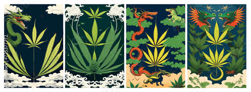 Text Background Set: Marijuana Festival, Golden Green Dragon, Dinosaur, Black Gold Asian Cannabis Leaves, Natural Frame, Legalize Text Insert, Chinese Japanese Engraving