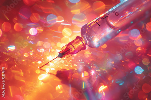 An ethereal depiction of a syringe, surrounded by a halo of iridescent, bright colors,