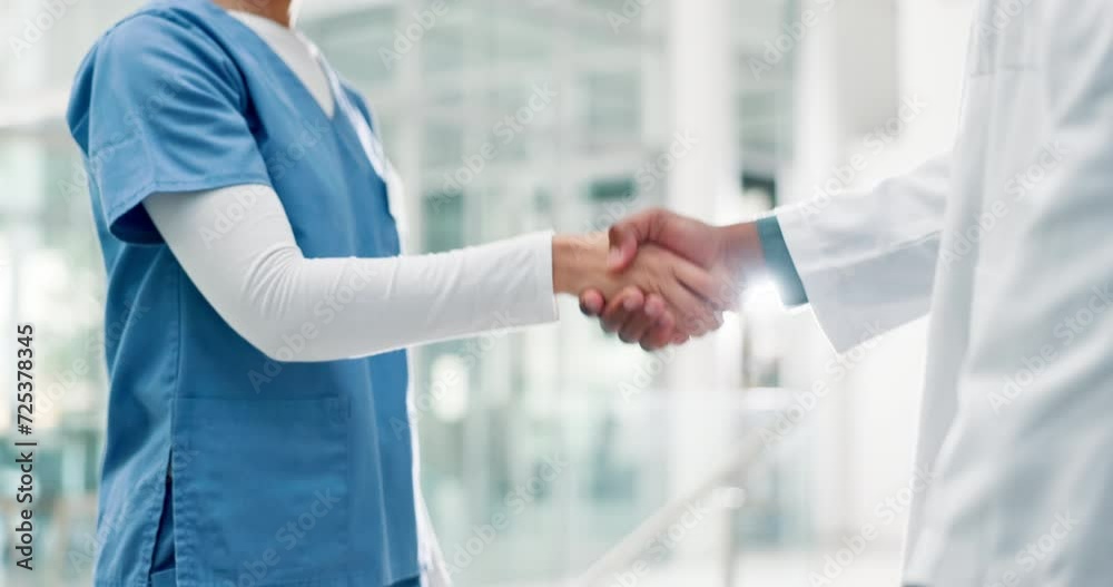 Handshake, greeting and doctor meeting in clinic, partnership and agreement on healthcare. B2b, collaboration and hello or welcome for onboarding in hospital, networking and trust in cooperation Handshake, greeting and doctor meeting in clinic, partnership and agreement on healthcare. B2b, collaboration and hello or welcome for onboarding in hospital, networking and trust in cooperation