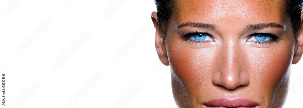 A woman with blue eyes and elegant, light freckles is depicted. - obrazy, fototapety, plakaty 