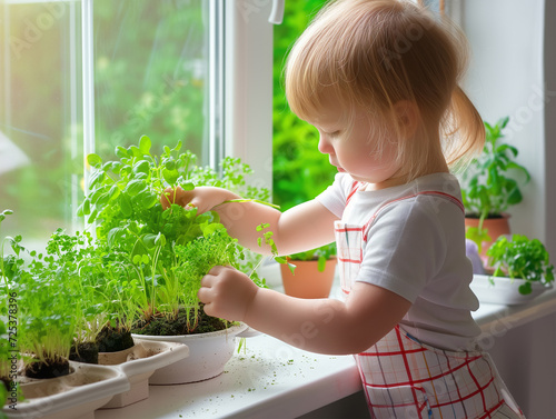 Culinary Adventures: Little Girl Harvesting Fresh Herbs from Homegrown Kitchen Garden on the Windowsill.
