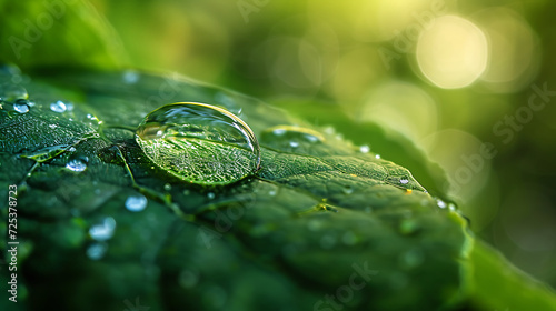 Beautiful water drops after rain on green leaf in sunlight, macro. Many droplets of morning dew outdoor. Amazing artistic image of purity and fresh of nature. Generative AI illustration