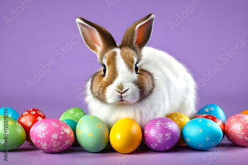 Cute bunny with colorful easter eggs on a purple background © Sanjay