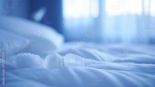A bed with white sheets is depicted in an icy cold pale silent atmosphere, reminiscent of snow and ice. photo