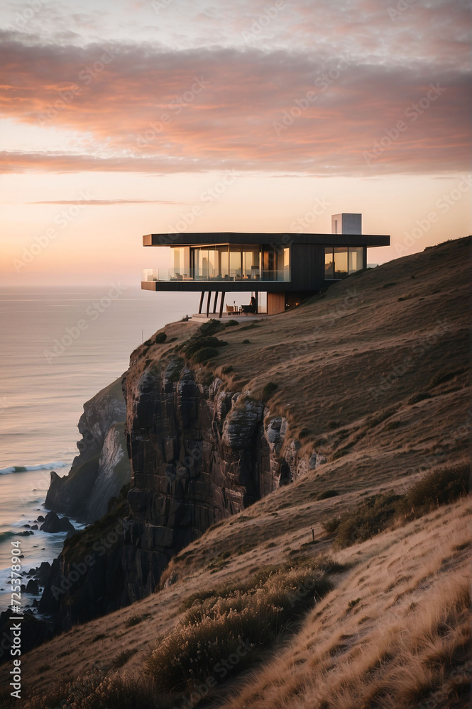Ultra modern minimalistic building on a cliff near an ocean Sunset cinematic view