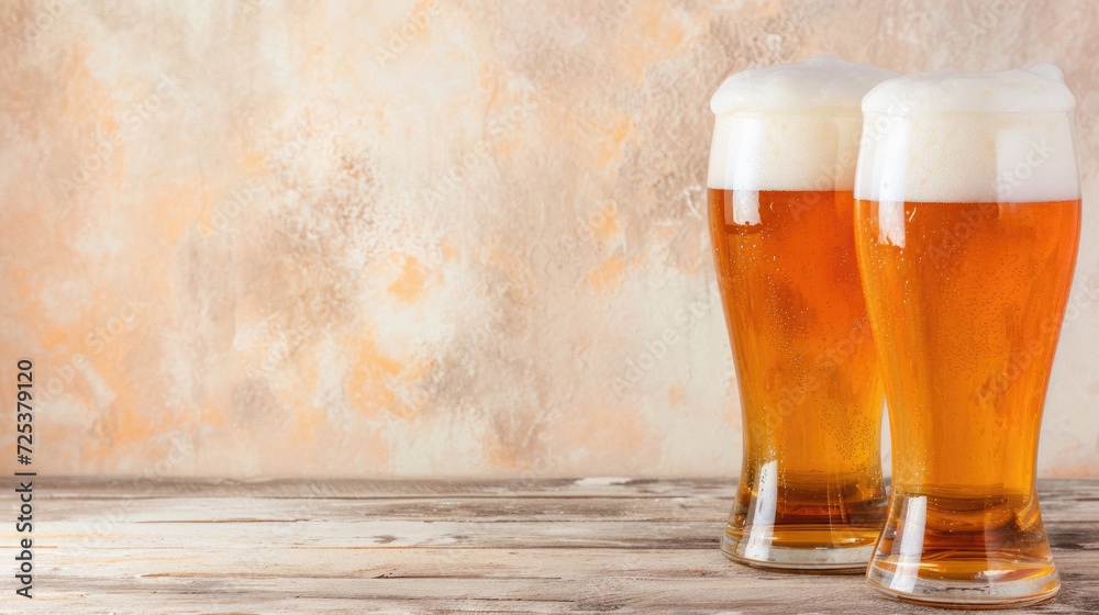 Glass pint of cold draft light lager or dark ale brewed beer with foam on table background. Brewery or pub bar advertising. Oktoberfest festival alcohol beverage or Saint Patricks day drink concept .