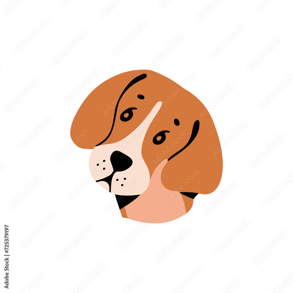 Funny beagle pup avatar. Happy puppy of hunting breed. Cute muzzle of shorthair hound. Adorable dog face, amusing snout. Canine pet portrait. Flat isolated vector illustration on white background Funny beagle pup avatar. Happy puppy of hunting breed. Cute muzzle of shorthair hound. Adorable dog face, amusing snout. Canine pet portrait. Flat isolated vector illustration on white background