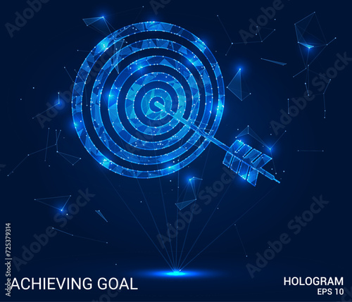 The hologram is the achievement of a goal. Achieving a goal of polygons, triangles of points and lines. The target is a low-poly compound structure. Technology concept vector.