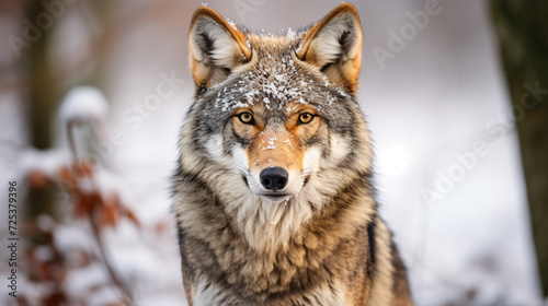 In winter a close up horizontal portrait of wolf