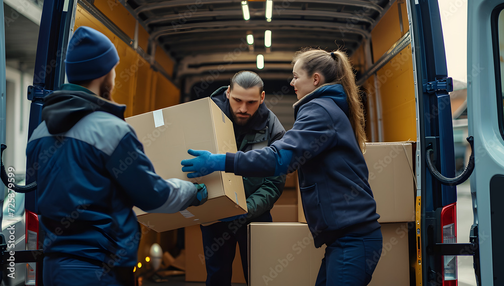 Young couriers cooperating while unloading packages from delivery van. Young couriers cooperating while unloading packages from delivery van.