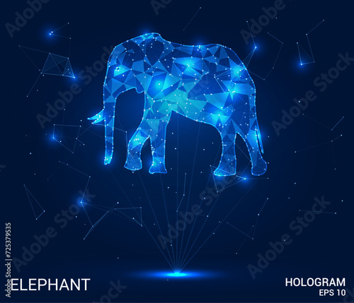 An elephant hologram. An elephant made of polygons, triangles of dots and lines. Elephant low-poly compound structure. Technology concept vector.