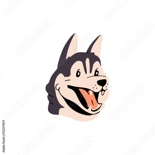 Funny Siberian husky avatar. Joyful Alaskan Malamute puppy smiles. Cute pup of sled dog shows tongue. Happy fluffy breed doggy muzzle. Furry canine pet face. Flat isolated vector illustration on white photo