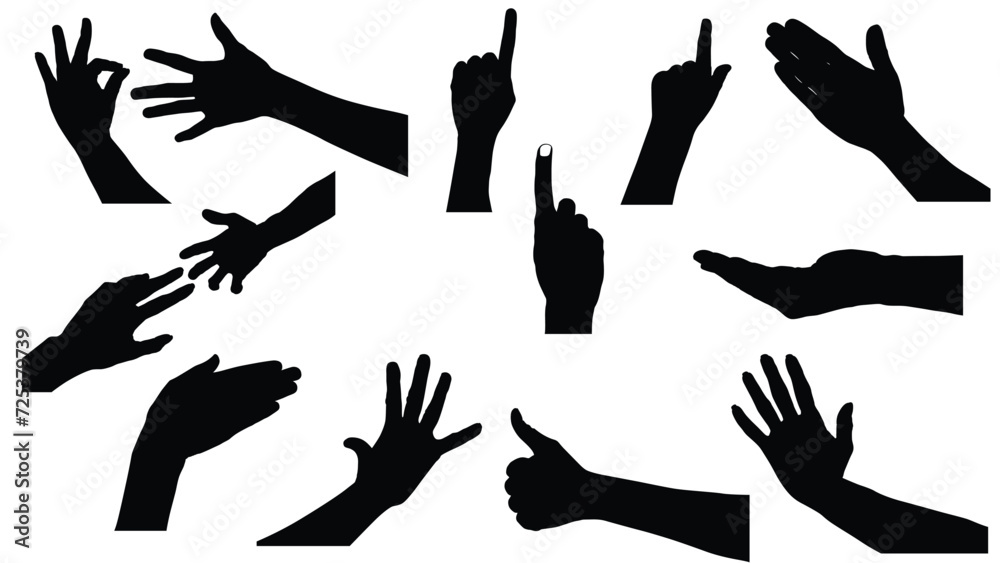 set of hand silhouettes isolated on white, Vector collection of human hands of different gestures, hands gesturing black, Black hands silhouettes, vector illustration set of hand silhouettes isolated on white, Vector collection of human hands of different gestures, hands gesturing black, Black hands silhouettes, vector illustration