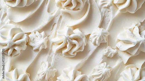 A cake with white frosting is topped with whipped cream, presenting a smooth texture against a cream white background.
