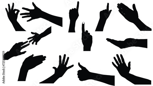 set of hand silhouettes isolated on white, Vector collection of human hands of different gestures, hands gesturing black, Black hands silhouettes, vector illustration photo
