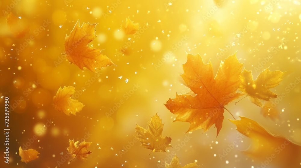 A bunch of leaves are flying in the air, creating an autumn leaves background with scattered golden flakes.