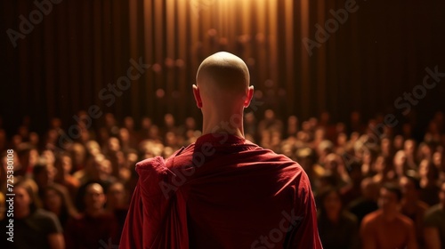 A man, appearing as a meditating monk, is standing in front of a crowd of people, captured in a full-body picture. photo