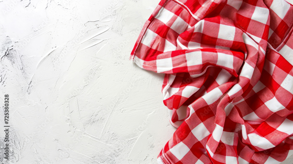 A red and white checkered cloth, resembling a white apron and undershirt, is used as a tablecloth. - obrazy, fototapety, plakaty 