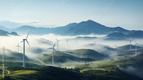 The energy produced comes from an electric wind turbine and is a mountain landscape. Ai generate.