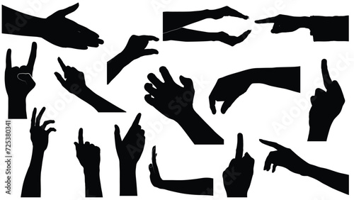 set of hand silhouettes isolated on white, Vector collection of human hands of different gestures, hands gesturing black, Black hands silhouettes, vector illustration