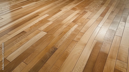 A wooden floor in a room is made of oak parquet, resembling hardwood floor boards. © Duka Mer