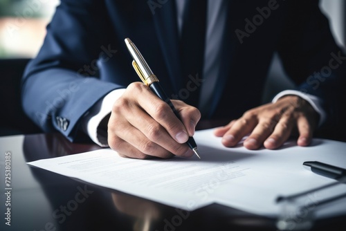 Close-up of a professional businessman's hands signing a legal document or contract on a reflective table in an office setting. Generative ai 