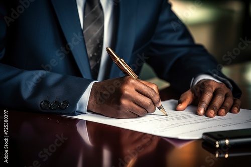 Close-up of a professional businessman's hands signing a legal document or contract on a reflective table in an office setting. Generative ai 