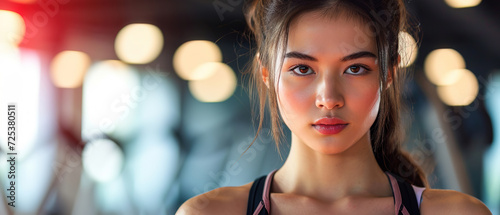 potrait of a woman in the gym, with empty copy space, sport advertising