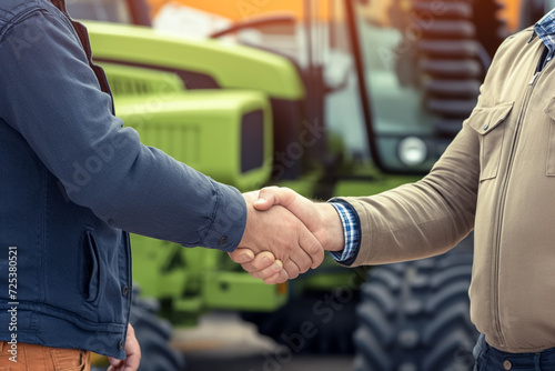 Buying new tractor agricultural machine. Close up view of buyer and dealer handshake at tractor dealership. Deal concept. 