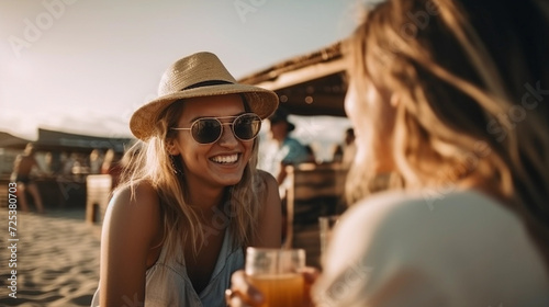 Girlfriends Enjoying Cocktails at Beach Bar on Sunny Day