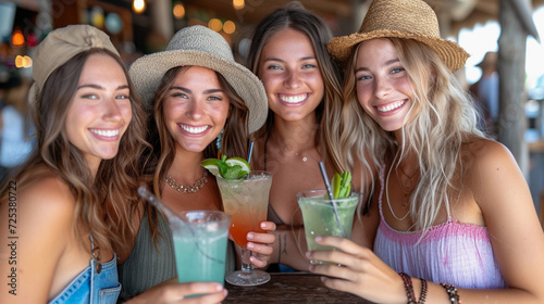 Girlfriends Enjoying Cocktails at Beach Bar on Sunny Day