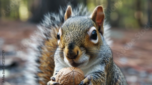 A squirrel is eating a nut, possibly walnuts or acorns.