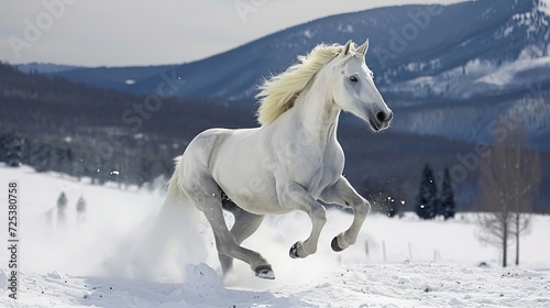 A beautiful white horse is running in the snow with mountains in the background. © Duka Mer