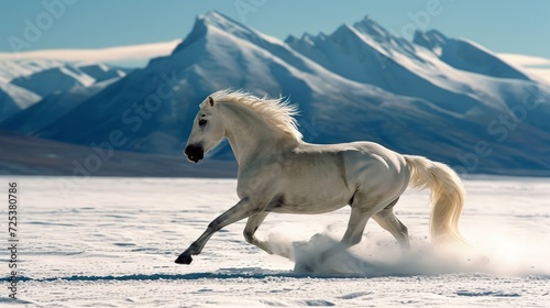A beautiful white horse is seen running in the snow against a backdrop of mountains.