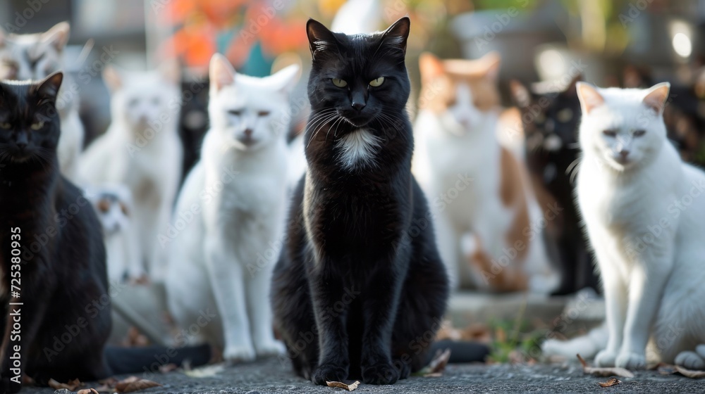 A group of black and white cats, resembling a street gang or a book series, is sitting next to each other.