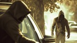 A person in a black hood, is standing next to a car.