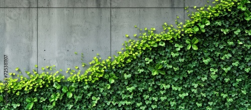 Green plants decorate a concrete wall creating a vertical garden photo background, showcasing the beauty of nature and promoting an eco-friendly environment. photo