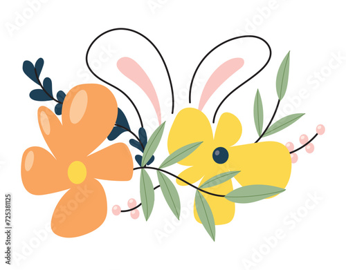 Easter cute bunny  eggs set. Adorable easter rabbit with traditional festive decor. Spring elements  eggs  Christian holiday  Easter baskets  flowers. Vector illustration isolated on white background