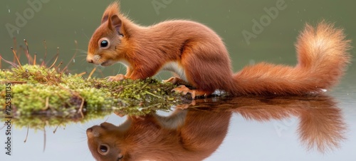 Wildlife animal photography background - Sweet young red squirrel (sciurus vulgaris) in the forest or park by a lake with reflection of the water