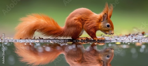 Wildlife animal photography background - Sweet young red squirrel (sciurus vulgaris) in the forest or park by a lake with reflection of the water