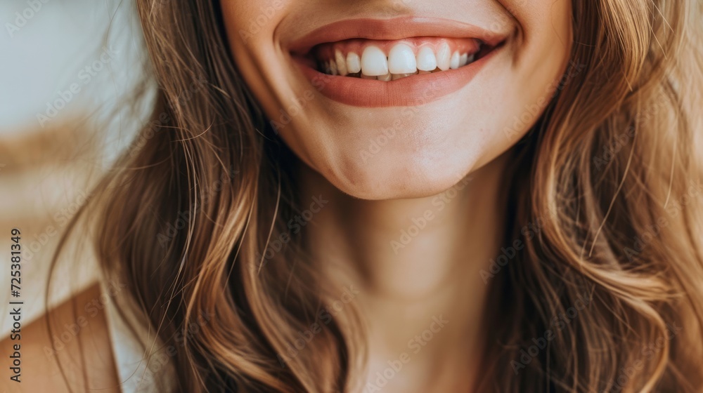 A woman with long hair is smiling, showcasing a small wide smile and a perfect smile. A woman with long hair is smiling, showcasing a small wide smile and a perfect smile.