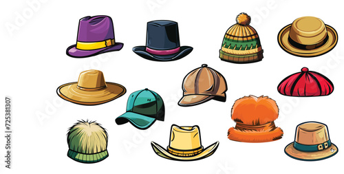 Cartoon hats. Female and male headwear, derby and cowboy, straw hat, cap, panama and cylinder. Summer women vintage fashion hats vector set. Illustration female and male accessories. 
