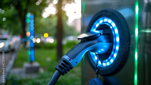 An electric vehicle, resembling a hydrogen fuel cell vehicle, is plugged into a charging station, creating a vibrant and dynamic scene of charging through the city.