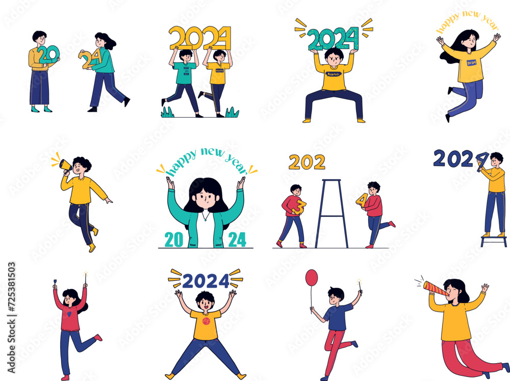 Illustration Happy New Year 2024. Happy people holding festive 2024 numbers for New Year celebration. Flat vector illustration isolated on white background Illustration Happy New Year 2024. Happy people holding festive 2024 numbers for New Year celebration. Flat vector illustration isolated on white background