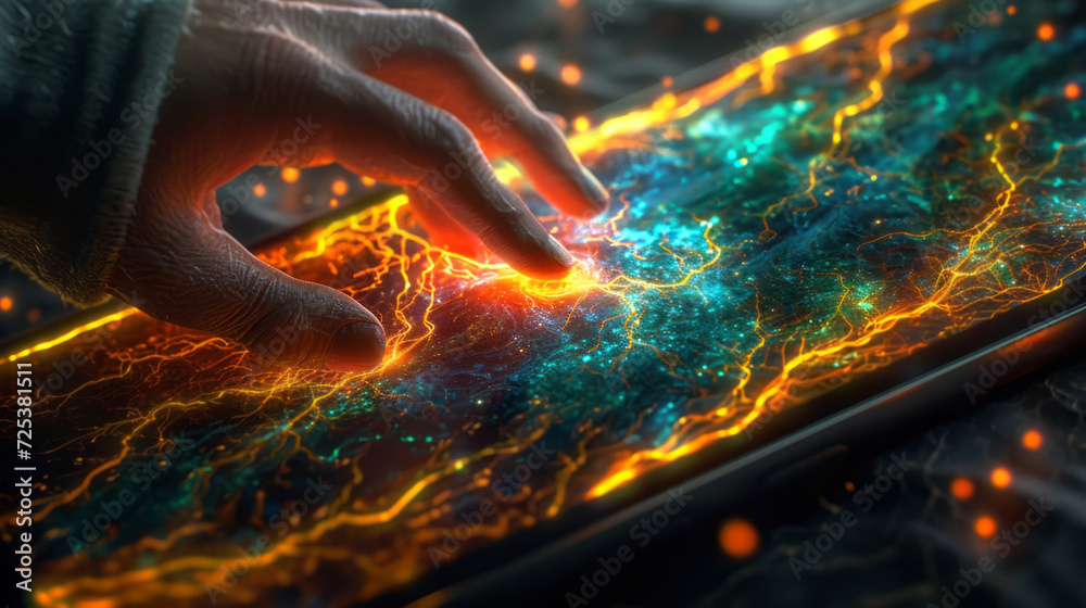 A person is touching something on a tablet, captured in highly detailed digital art with bright glowing veins.