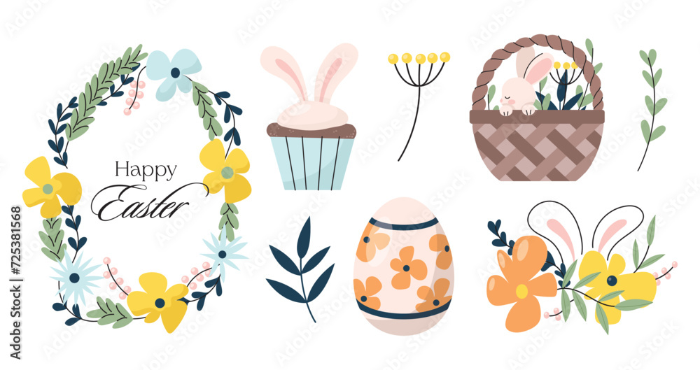 Easter cute bunny, eggs set. Adorable easter rabbit with traditional festive decor. Spring elements, eggs, Christian holiday, Easter baskets, flowers. Vector illustration isolated on white background