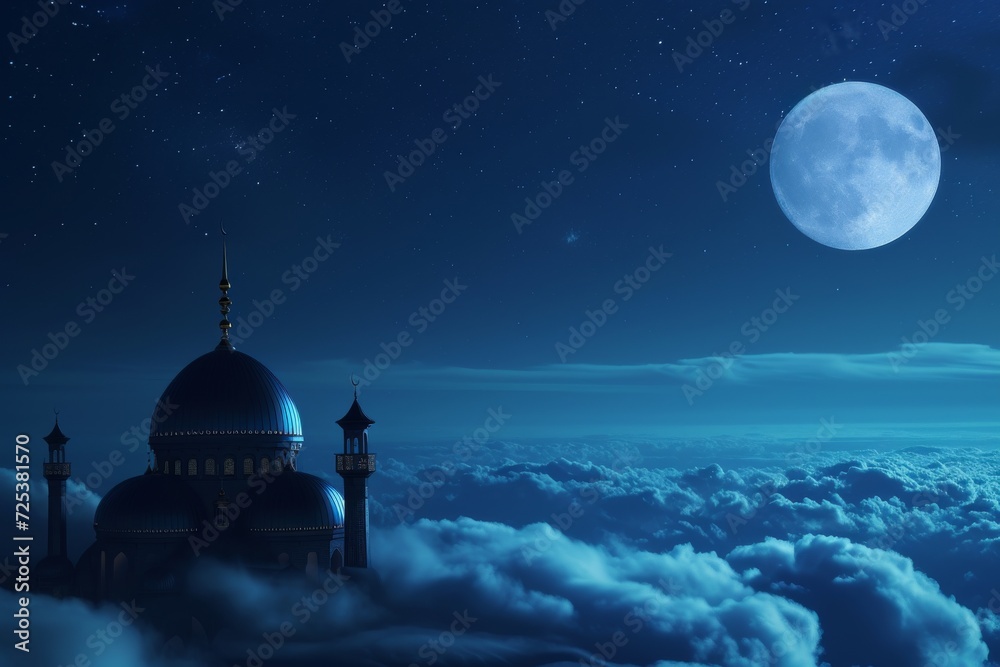 mosque silhouetted against a starry sky and a bright full moon