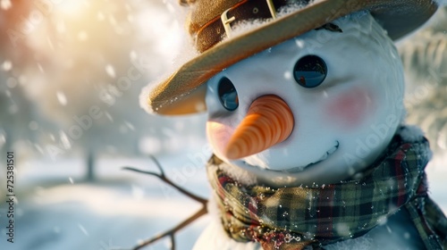 A close-up portrait shot captures a frosty snowman, wearing a hat and scarf, looking adorable.